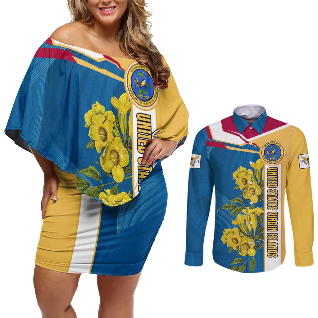 United States Virgin Islands Couples Matching Off Shoulder Short Dress and Long Sleeve Button Shirt with Blue Yellow Floral Design and Government Seal Bird - Wonder Print Shop
