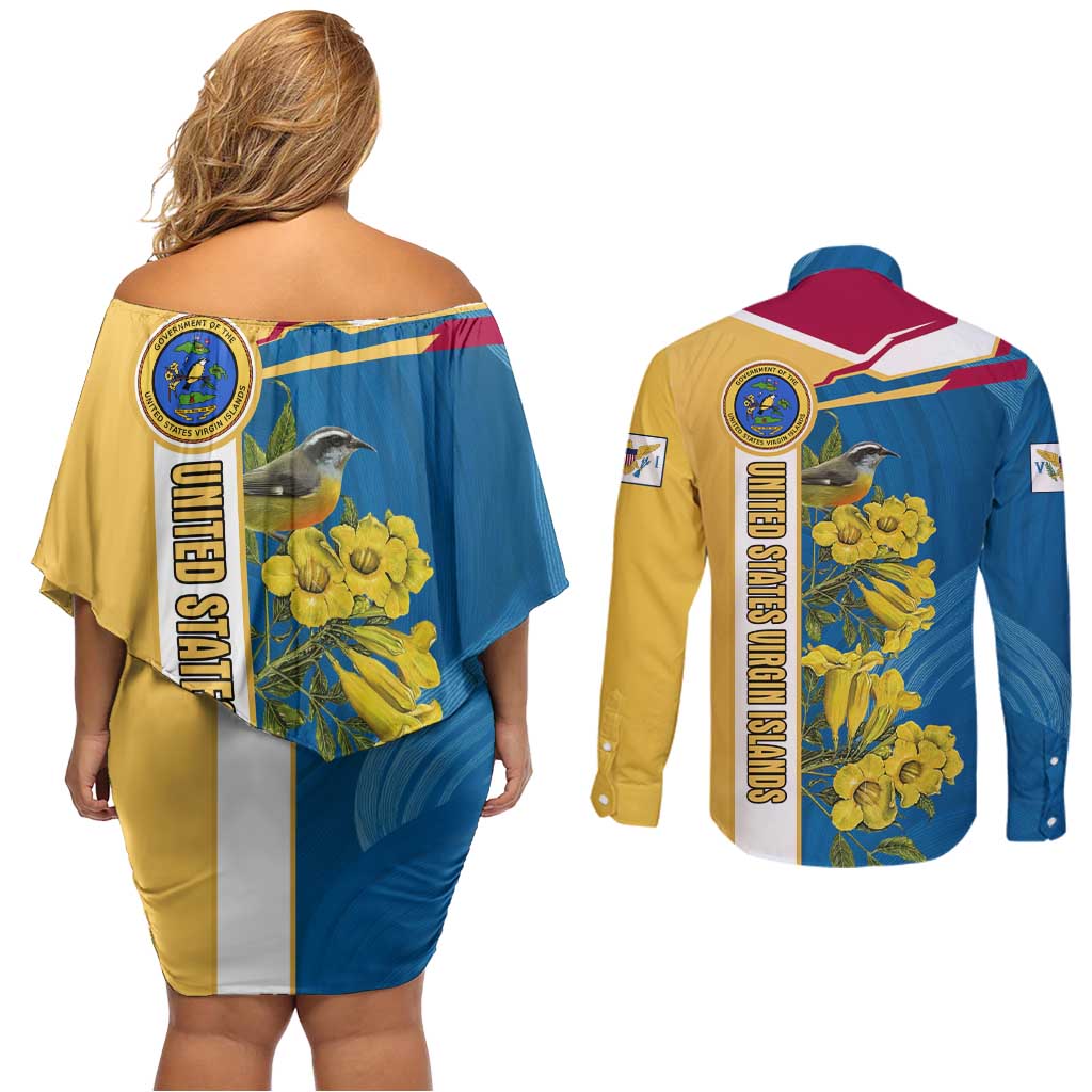 United States Virgin Islands Couples Matching Off Shoulder Short Dress and Long Sleeve Button Shirt with Blue Yellow Floral Design and Government Seal Bird - Wonder Print Shop