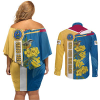 United States Virgin Islands Couples Matching Off Shoulder Short Dress and Long Sleeve Button Shirt with Blue Yellow Floral Design and Government Seal Bird - Wonder Print Shop