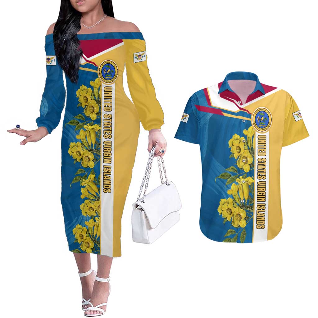 United States Virgin Islands Couples Matching Off The Shoulder Long Sleeve Dress and Hawaiian Shirt with Blue Yellow Floral Design and Government Seal Bird - Wonder Print Shop