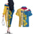United States Virgin Islands Couples Matching Off The Shoulder Long Sleeve Dress and Hawaiian Shirt with Blue Yellow Floral Design and Government Seal Bird - Wonder Print Shop