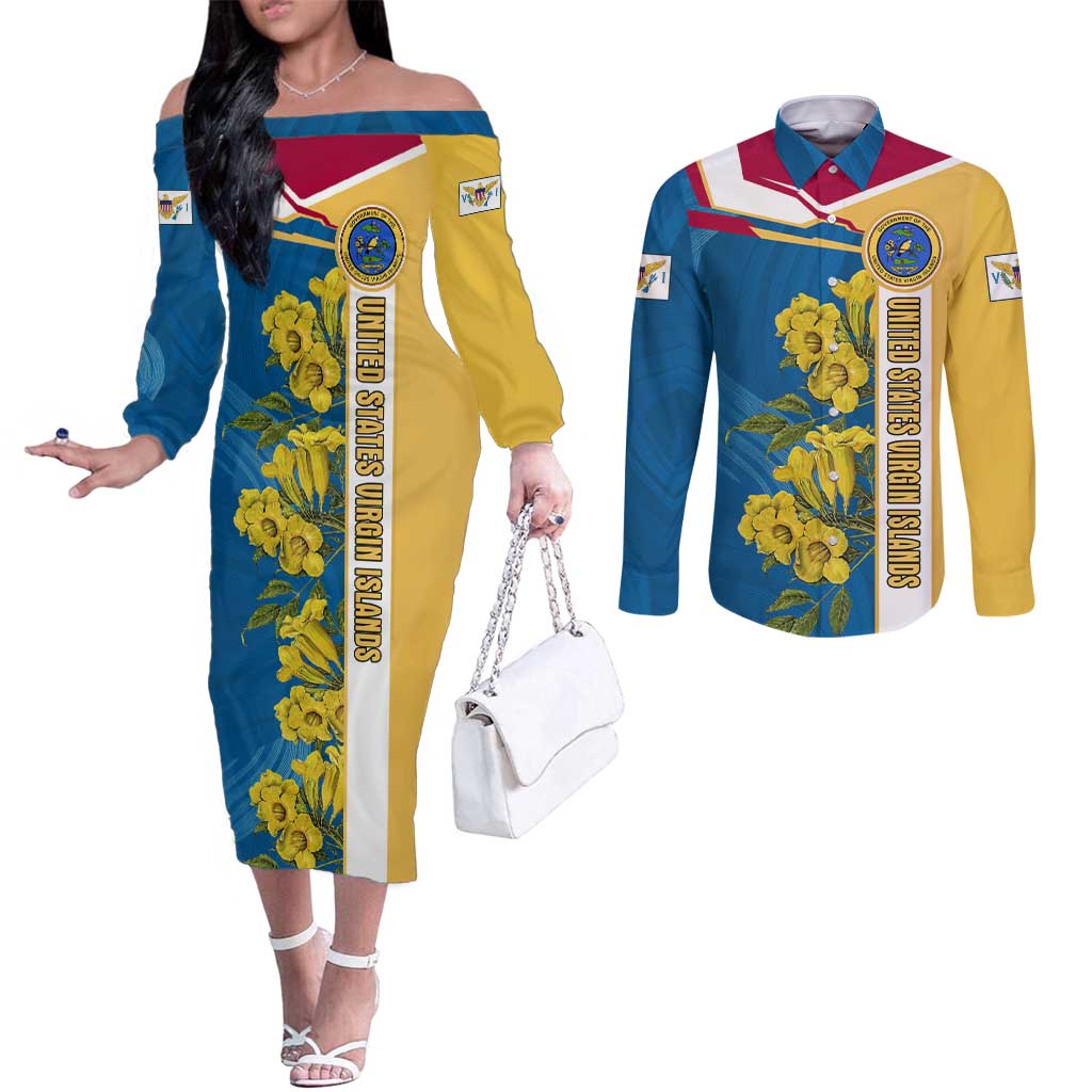 United States Virgin Islands Couples Matching Off The Shoulder Long Sleeve Dress and Long Sleeve Button Shirt with Blue Yellow Floral Design and Government Seal Bird - Wonder Print Shop