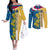 United States Virgin Islands Couples Matching Off The Shoulder Long Sleeve Dress and Long Sleeve Button Shirt with Blue Yellow Floral Design and Government Seal Bird - Wonder Print Shop