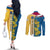 United States Virgin Islands Couples Matching Off The Shoulder Long Sleeve Dress and Long Sleeve Button Shirt with Blue Yellow Floral Design and Government Seal Bird - Wonder Print Shop