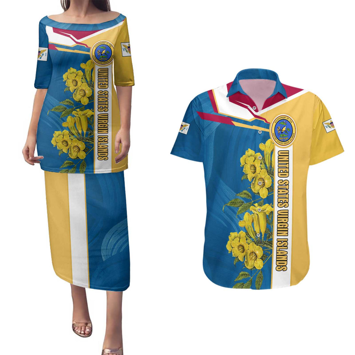 United States Virgin Islands Couples Matching Puletasi and Hawaiian Shirt with Blue Yellow Floral Design and Government Seal Bird - Wonder Print Shop