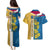 United States Virgin Islands Couples Matching Puletasi and Hawaiian Shirt with Blue Yellow Floral Design and Government Seal Bird - Wonder Print Shop