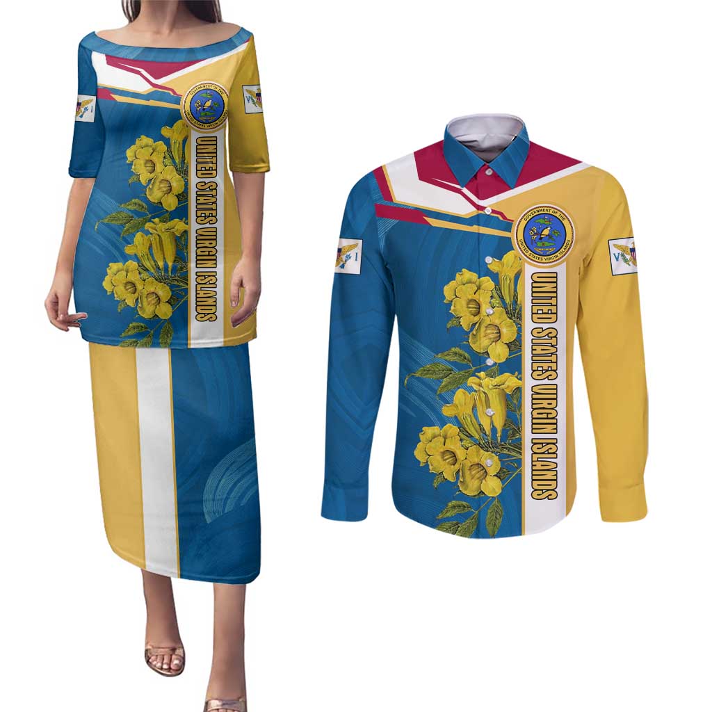 United States Virgin Islands Couples Matching Puletasi and Long Sleeve Button Shirt with Blue Yellow Floral Design and Government Seal Bird - Wonder Print Shop