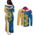 United States Virgin Islands Couples Matching Puletasi and Long Sleeve Button Shirt with Blue Yellow Floral Design and Government Seal Bird - Wonder Print Shop