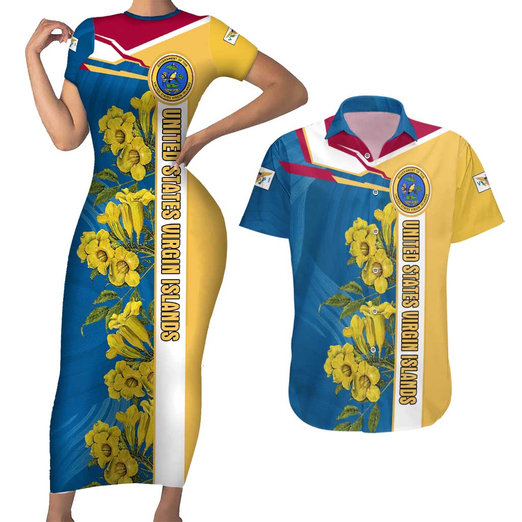 United States Virgin Islands Couples Matching Short Sleeve Bodycon Dress and Hawaiian Shirt with Blue Yellow Floral Design and Government Seal Bird - Wonder Print Shop