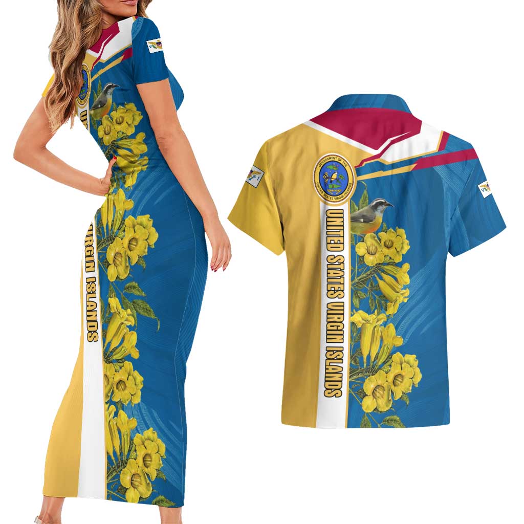 United States Virgin Islands Couples Matching Short Sleeve Bodycon Dress and Hawaiian Shirt with Blue Yellow Floral Design and Government Seal Bird - Wonder Print Shop