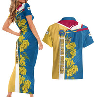 United States Virgin Islands Couples Matching Short Sleeve Bodycon Dress and Hawaiian Shirt with Blue Yellow Floral Design and Government Seal Bird - Wonder Print Shop