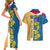 United States Virgin Islands Couples Matching Short Sleeve Bodycon Dress and Hawaiian Shirt with Blue Yellow Floral Design and Government Seal Bird - Wonder Print Shop