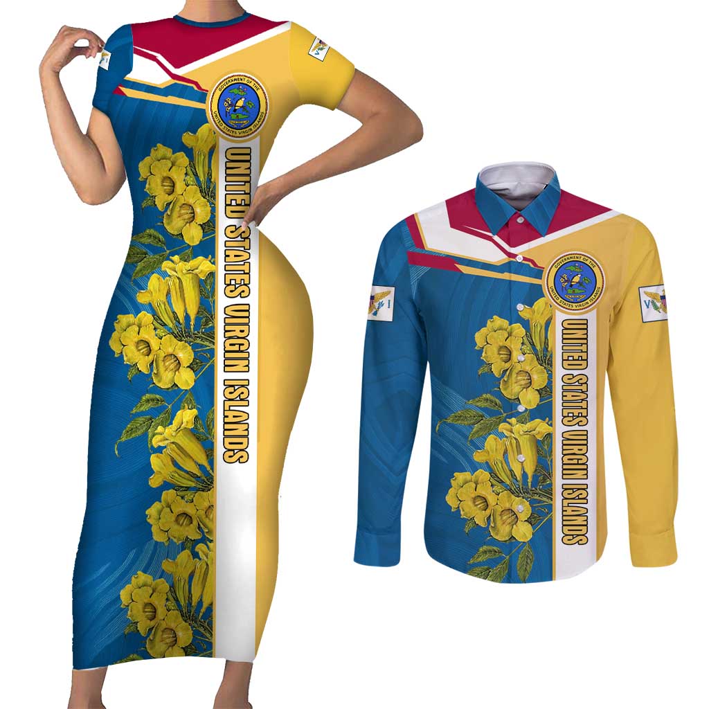 United States Virgin Islands Couples Matching Short Sleeve Bodycon Dress and Long Sleeve Button Shirt with Blue Yellow Floral Design and Government Seal Bird - Wonder Print Shop