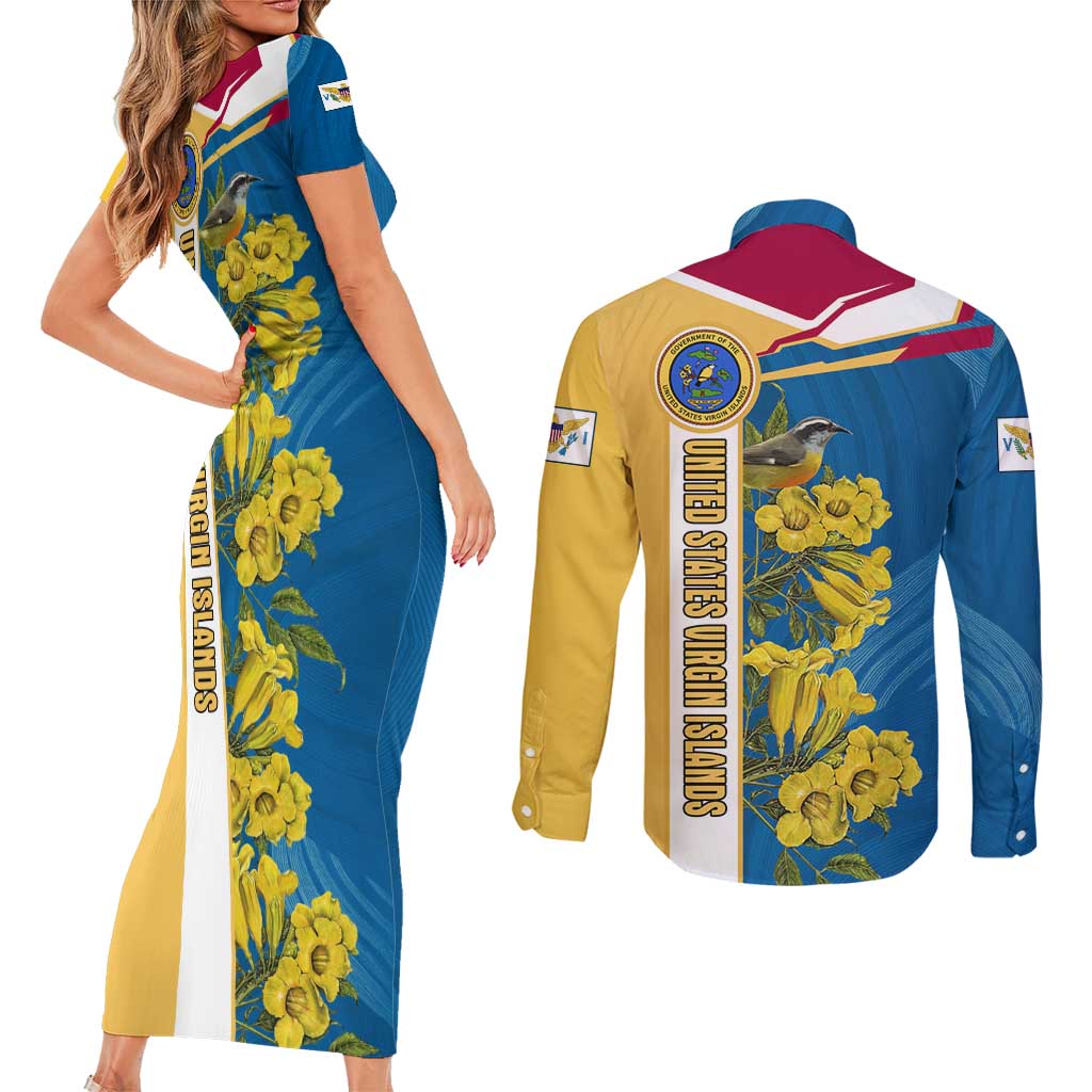 United States Virgin Islands Couples Matching Short Sleeve Bodycon Dress and Long Sleeve Button Shirt with Blue Yellow Floral Design and Government Seal Bird - Wonder Print Shop