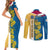 United States Virgin Islands Couples Matching Short Sleeve Bodycon Dress and Long Sleeve Button Shirt with Blue Yellow Floral Design and Government Seal Bird - Wonder Print Shop
