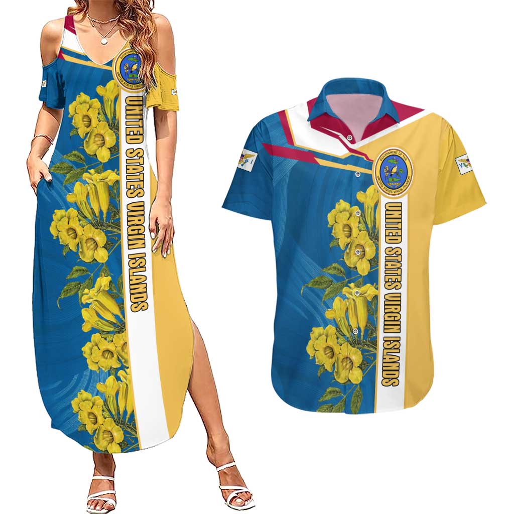 United States Virgin Islands Couples Matching Summer Maxi Dress and Hawaiian Shirt with Blue Yellow Floral Design and Government Seal Bird - Wonder Print Shop