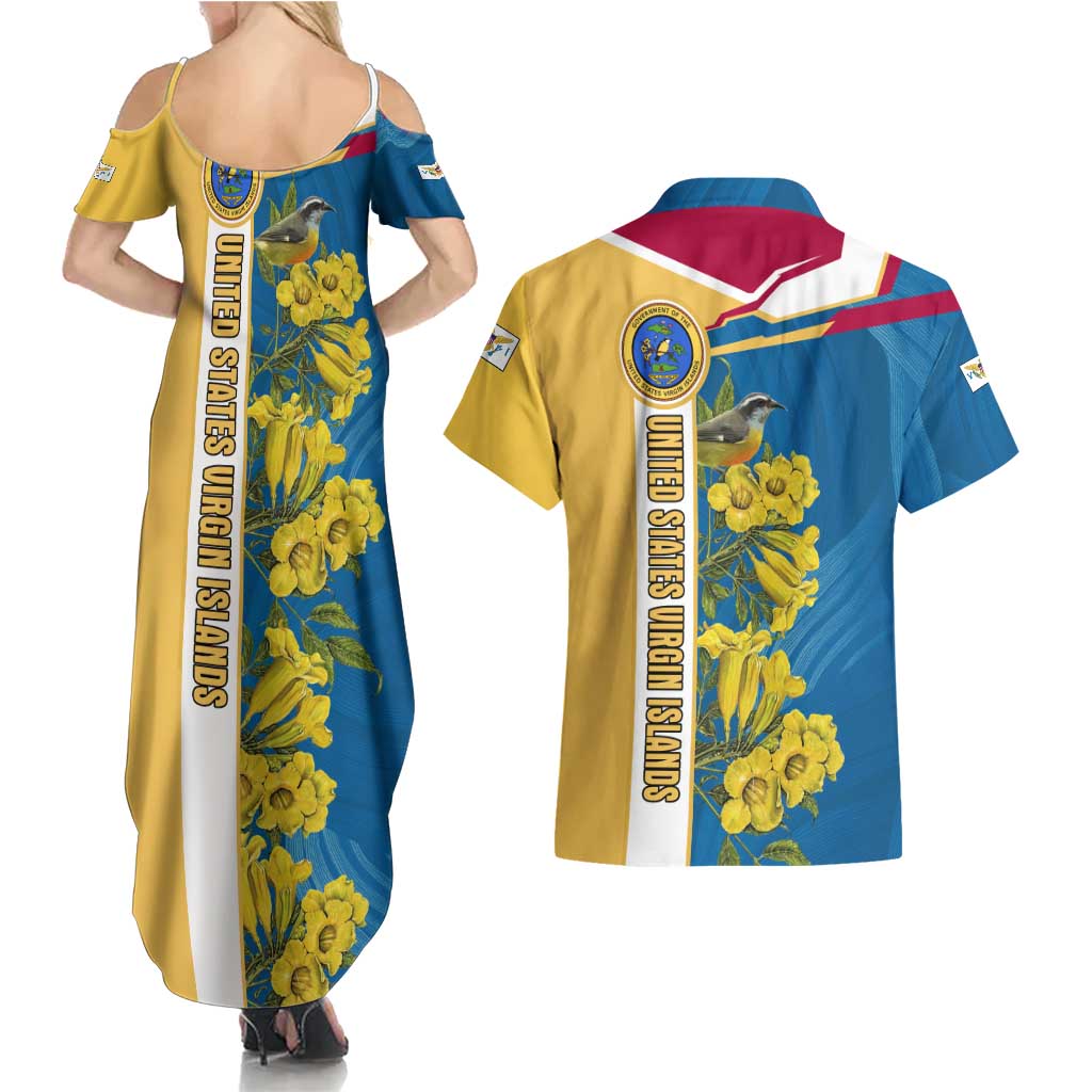 United States Virgin Islands Couples Matching Summer Maxi Dress and Hawaiian Shirt with Blue Yellow Floral Design and Government Seal Bird - Wonder Print Shop