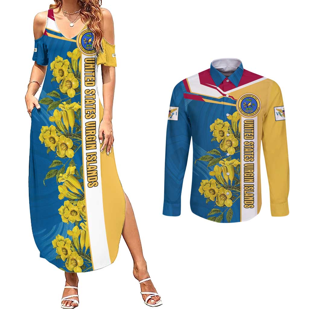 United States Virgin Islands Couples Matching Summer Maxi Dress and Long Sleeve Button Shirt with Blue Yellow Floral Design and Government Seal Bird - Wonder Print Shop