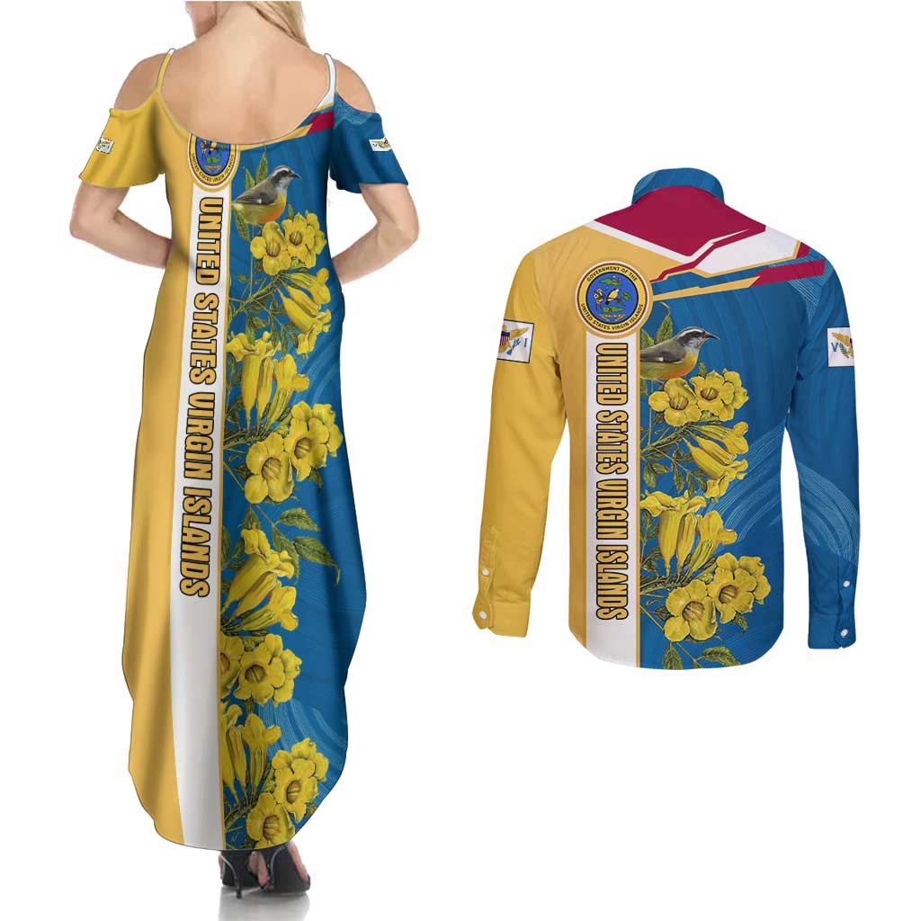United States Virgin Islands Couples Matching Summer Maxi Dress and Long Sleeve Button Shirt with Blue Yellow Floral Design and Government Seal Bird - Wonder Print Shop