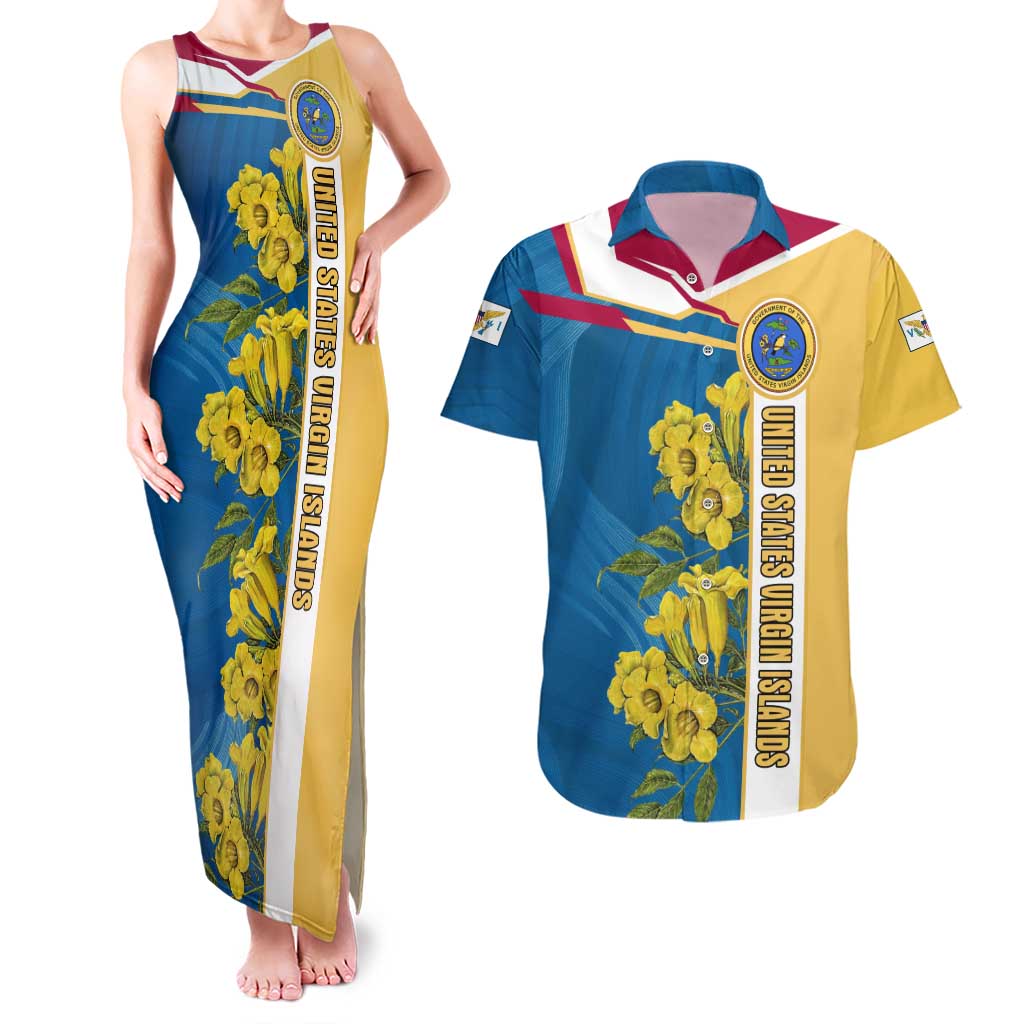 United States Virgin Islands Couples Matching Tank Maxi Dress and Hawaiian Shirt with Blue Yellow Floral Design and Government Seal Bird - Wonder Print Shop