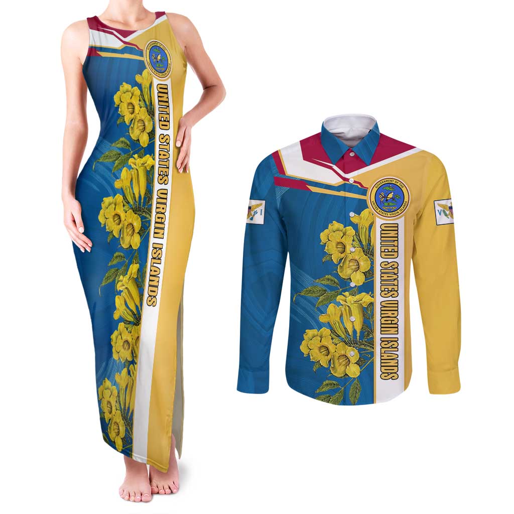United States Virgin Islands Couples Matching Tank Maxi Dress and Long Sleeve Button Shirt with Blue Yellow Floral Design and Government Seal Bird - Wonder Print Shop