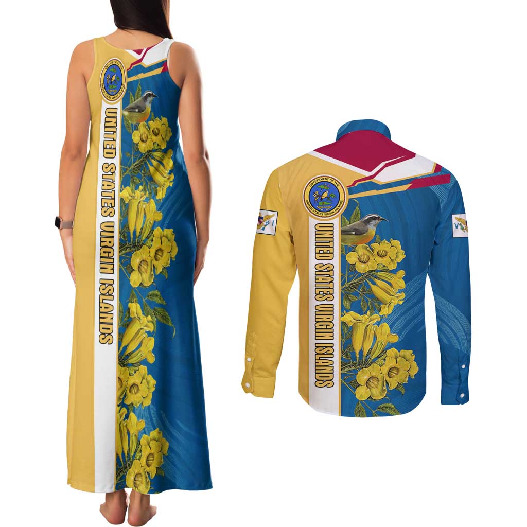 United States Virgin Islands Couples Matching Tank Maxi Dress and Long Sleeve Button Shirt with Blue Yellow Floral Design and Government Seal Bird - Wonder Print Shop