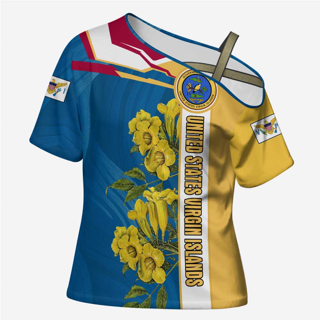 United States Virgin Islands Cross Shoulder Shirt with Blue Yellow Floral Design and Government Seal Bird - Wonder Print Shop