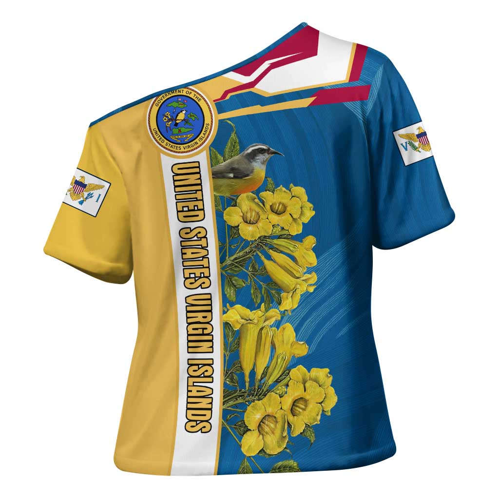 United States Virgin Islands Cross Shoulder Shirt with Blue Yellow Floral Design and Government Seal Bird - Wonder Print Shop