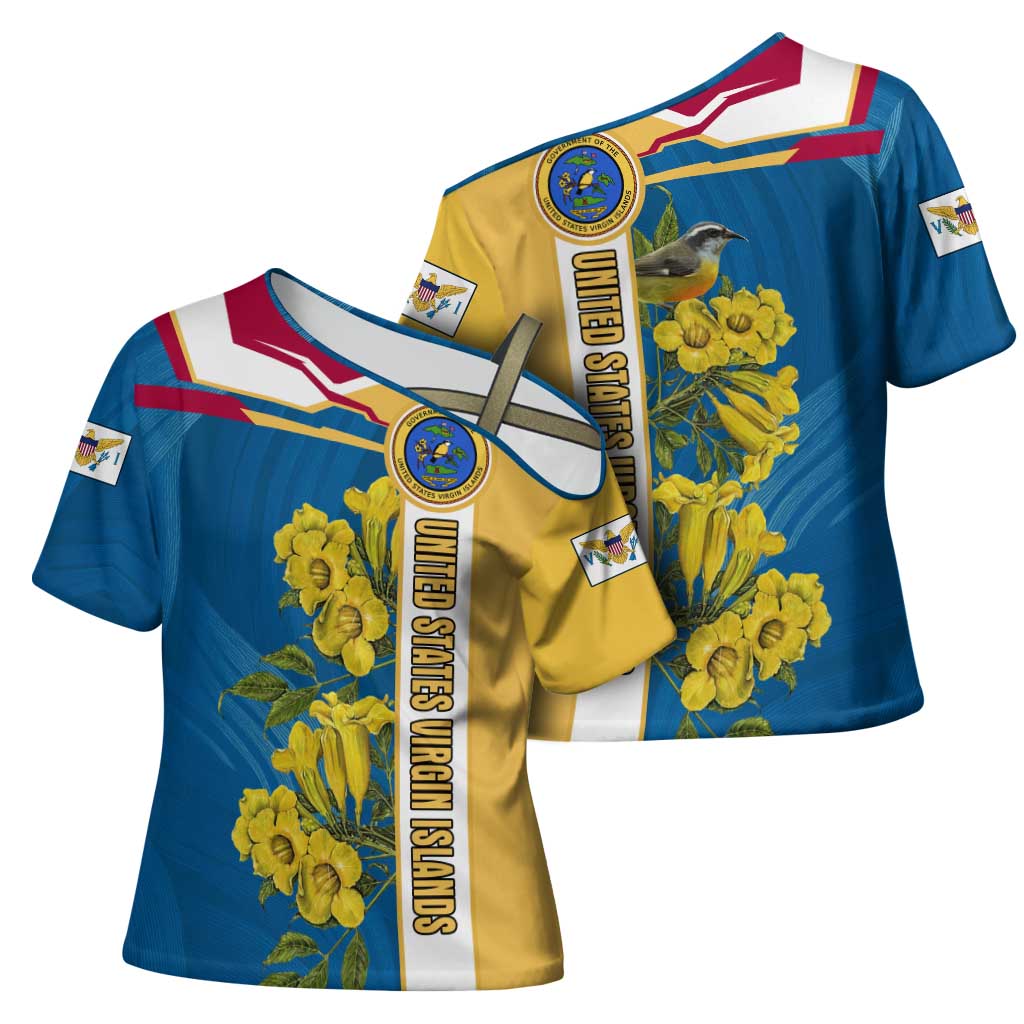 United States Virgin Islands Cross Shoulder Shirt with Blue Yellow Floral Design and Government Seal Bird - Wonder Print Shop