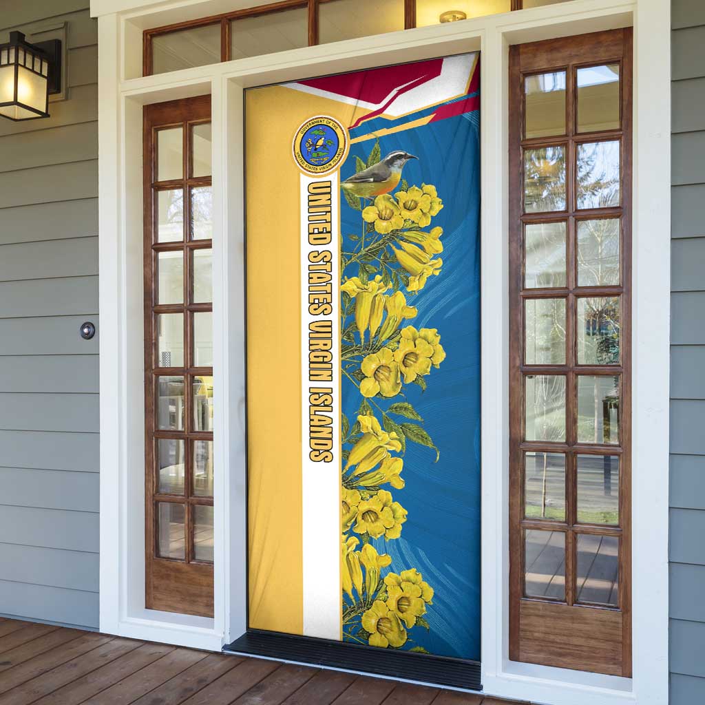 United States Virgin Islands Door Cover with Blue Yellow Floral Design and Government Seal Bird - Wonder Print Shop