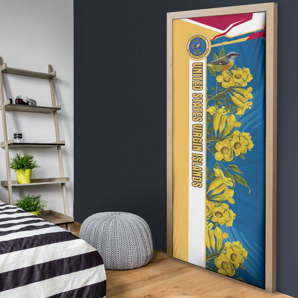 United States Virgin Islands Door Cover with Blue Yellow Floral Design and Government Seal Bird - Wonder Print Shop