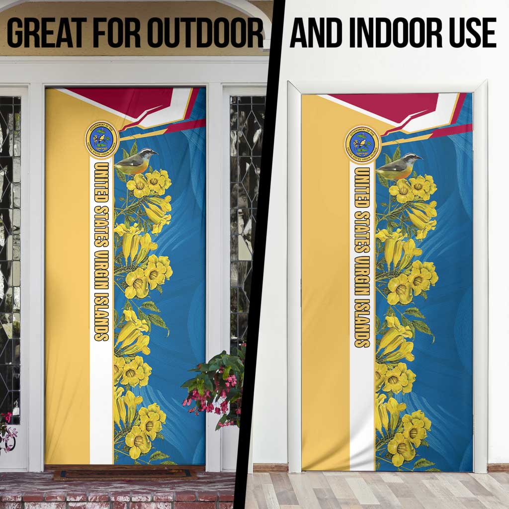 United States Virgin Islands Door Cover with Blue Yellow Floral Design and Government Seal Bird - Wonder Print Shop