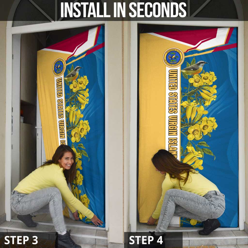 United States Virgin Islands Door Cover with Blue Yellow Floral Design and Government Seal Bird - Wonder Print Shop