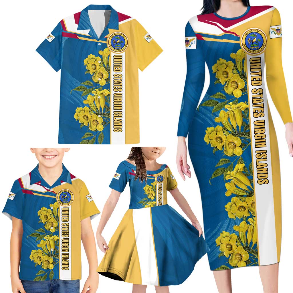 United States Virgin Islands Family Matching Long Sleeve Bodycon Dress and Hawaiian Shirt with Blue Yellow Floral Design and Government Seal Bird - Wonder Print Shop