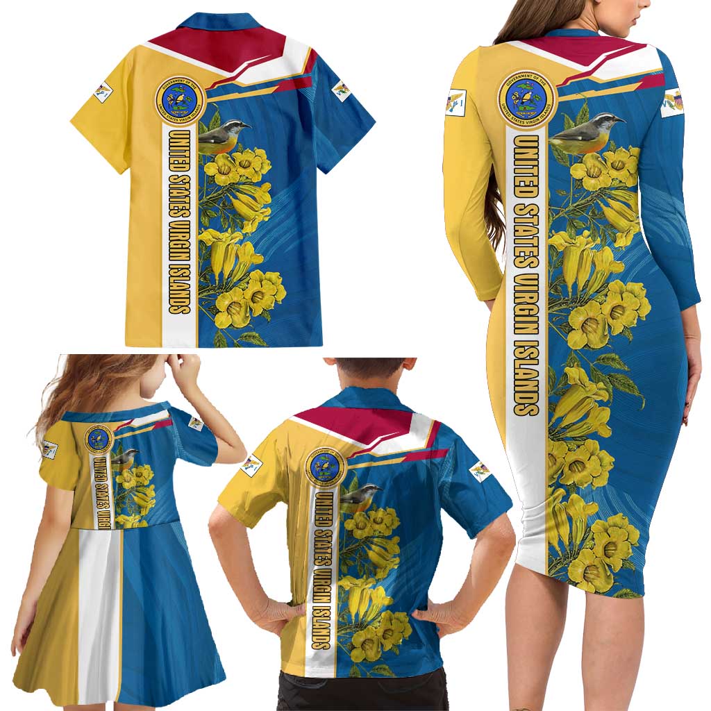 United States Virgin Islands Family Matching Long Sleeve Bodycon Dress and Hawaiian Shirt with Blue Yellow Floral Design and Government Seal Bird - Wonder Print Shop