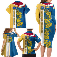 United States Virgin Islands Family Matching Long Sleeve Bodycon Dress and Hawaiian Shirt with Blue Yellow Floral Design and Government Seal Bird - Wonder Print Shop