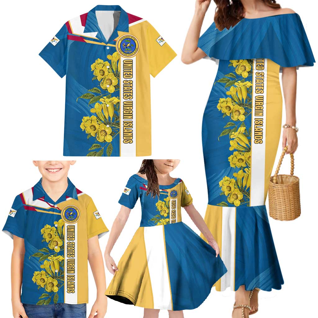United States Virgin Islands Family Matching Mermaid Dress and Hawaiian Shirt with Blue Yellow Floral Design and Government Seal Bird - Wonder Print Shop