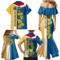 United States Virgin Islands Family Matching Mermaid Dress and Hawaiian Shirt with Blue Yellow Floral Design and Government Seal Bird - Wonder Print Shop