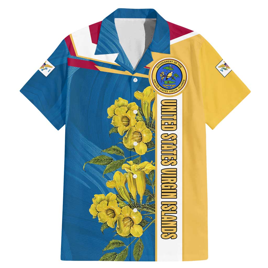 United States Virgin Islands Family Matching Mermaid Dress and Hawaiian Shirt with Blue Yellow Floral Design and Government Seal Bird - Wonder Print Shop