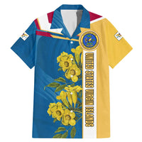 United States Virgin Islands Family Matching Mermaid Dress and Hawaiian Shirt with Blue Yellow Floral Design and Government Seal Bird - Wonder Print Shop