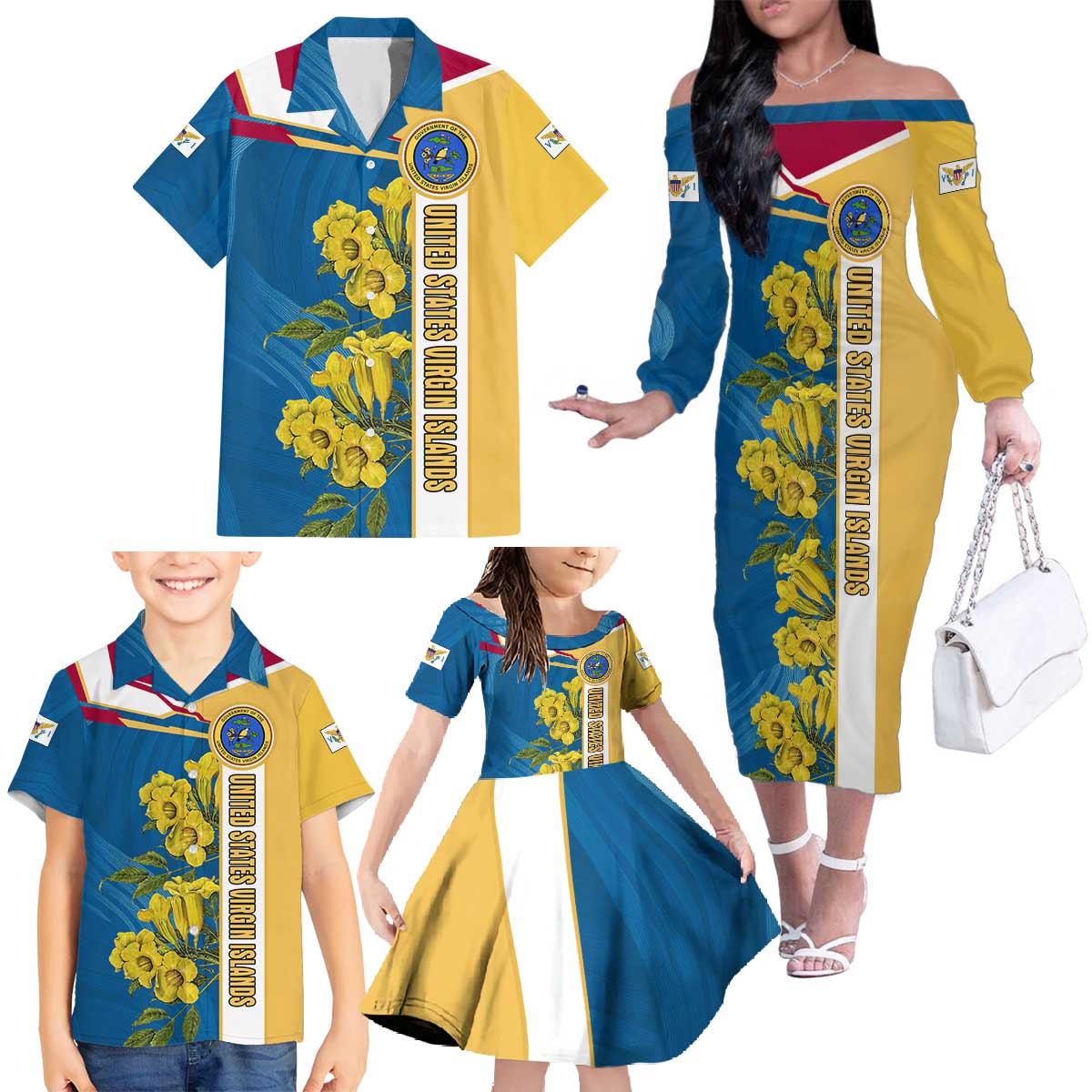 United States Virgin Islands Family Matching Off The Shoulder Long Sleeve Dress and Hawaiian Shirt with Blue Yellow Floral Design and Government Seal Bird - Wonder Print Shop