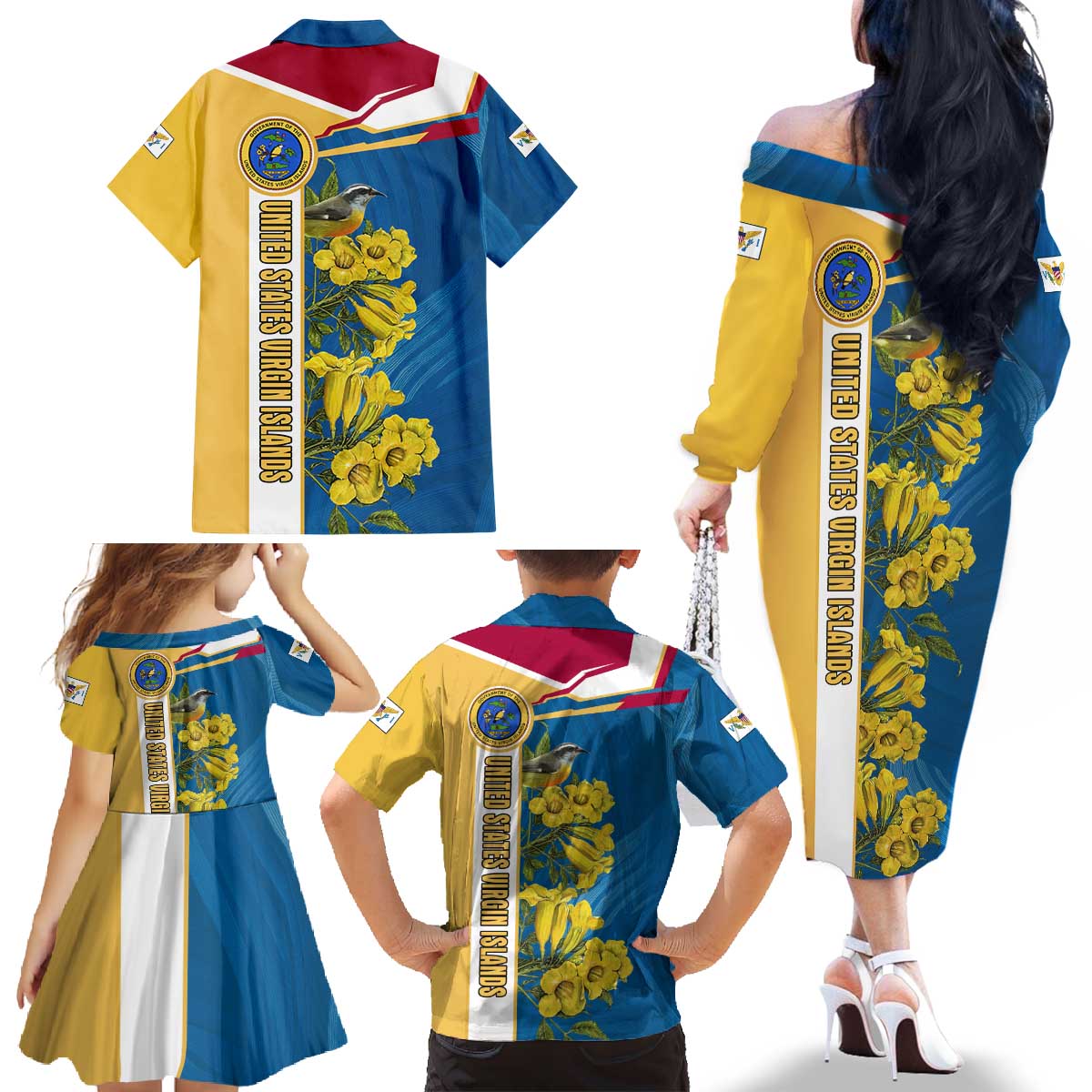United States Virgin Islands Family Matching Off The Shoulder Long Sleeve Dress and Hawaiian Shirt with Blue Yellow Floral Design and Government Seal Bird - Wonder Print Shop