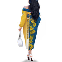 United States Virgin Islands Family Matching Off The Shoulder Long Sleeve Dress and Hawaiian Shirt with Blue Yellow Floral Design and Government Seal Bird - Wonder Print Shop