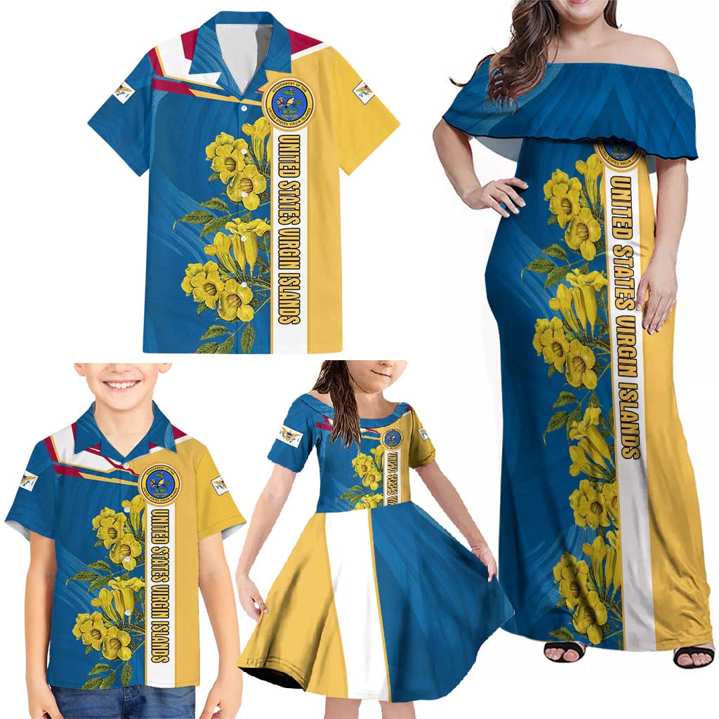 United States Virgin Islands Family Matching Off Shoulder Maxi Dress and Hawaiian Shirt with Blue Yellow Floral Design and Government Seal Bird - Wonder Print Shop