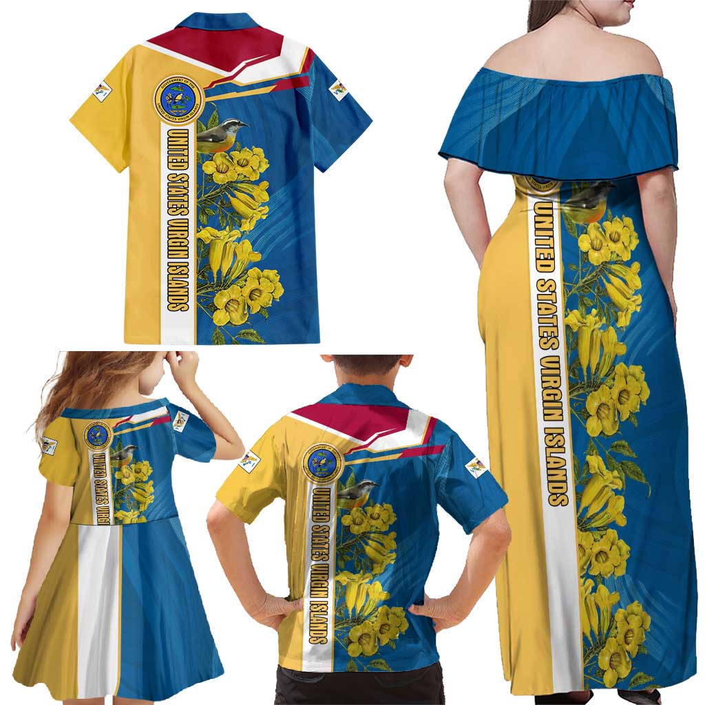 United States Virgin Islands Family Matching Off Shoulder Maxi Dress and Hawaiian Shirt with Blue Yellow Floral Design and Government Seal Bird - Wonder Print Shop