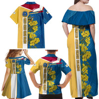 United States Virgin Islands Family Matching Off Shoulder Maxi Dress and Hawaiian Shirt with Blue Yellow Floral Design and Government Seal Bird - Wonder Print Shop