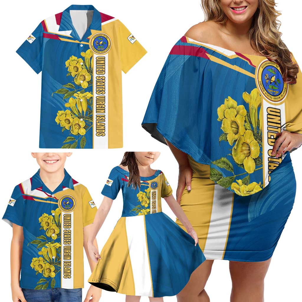 United States Virgin Islands Family Matching Off Shoulder Short Dress and Hawaiian Shirt with Blue Yellow Floral Design and Government Seal Bird - Wonder Print Shop