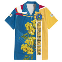 United States Virgin Islands Family Matching Off Shoulder Short Dress and Hawaiian Shirt with Blue Yellow Floral Design and Government Seal Bird - Wonder Print Shop