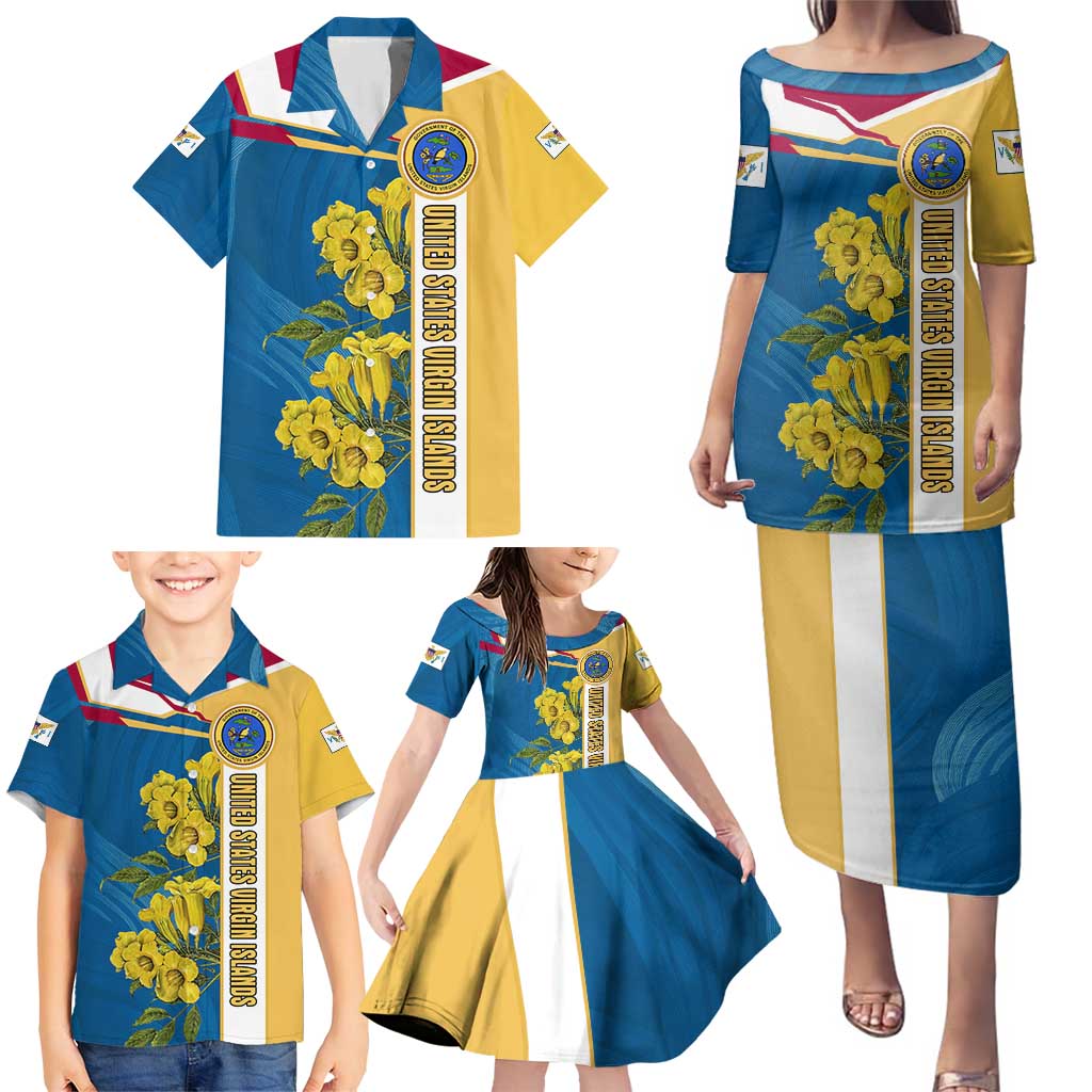 United States Virgin Islands Family Matching Puletasi and Hawaiian Shirt with Blue Yellow Floral Design and Government Seal Bird - Wonder Print Shop