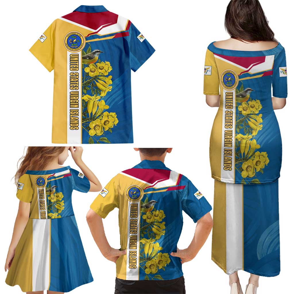 United States Virgin Islands Family Matching Puletasi and Hawaiian Shirt with Blue Yellow Floral Design and Government Seal Bird - Wonder Print Shop